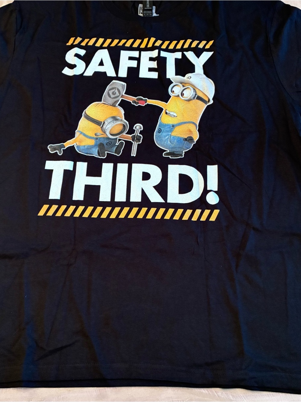 Gildan Black Men’s 'Safety Third!' Minions Graphic Tee with Yellow Accents